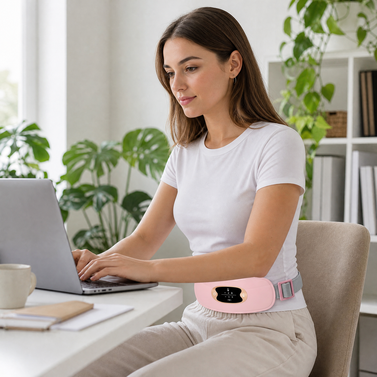 Wearing FemHeat while working at a desk