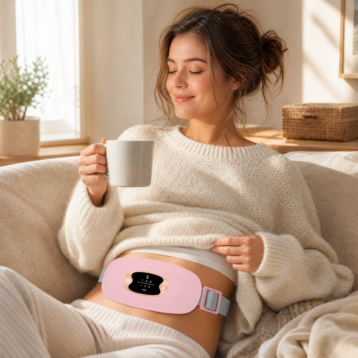 Woman relaxing on the sofa wearing FemHeat